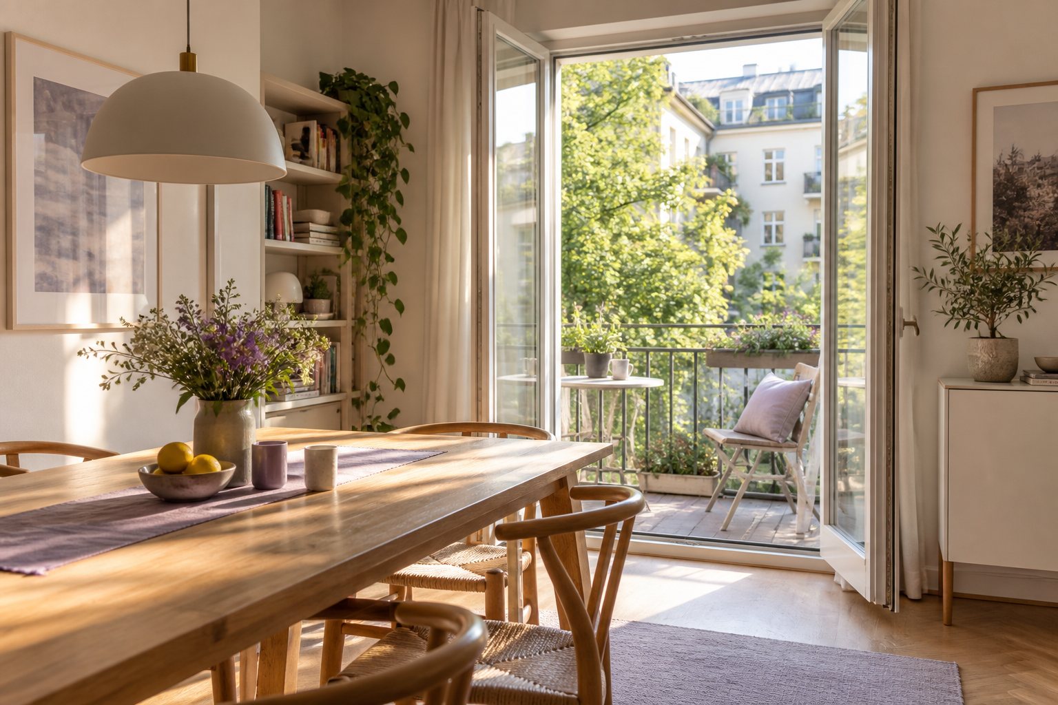 Morgenlicht fällt in eine helle Wohnung mit Balkon und Blick auf Grünraum